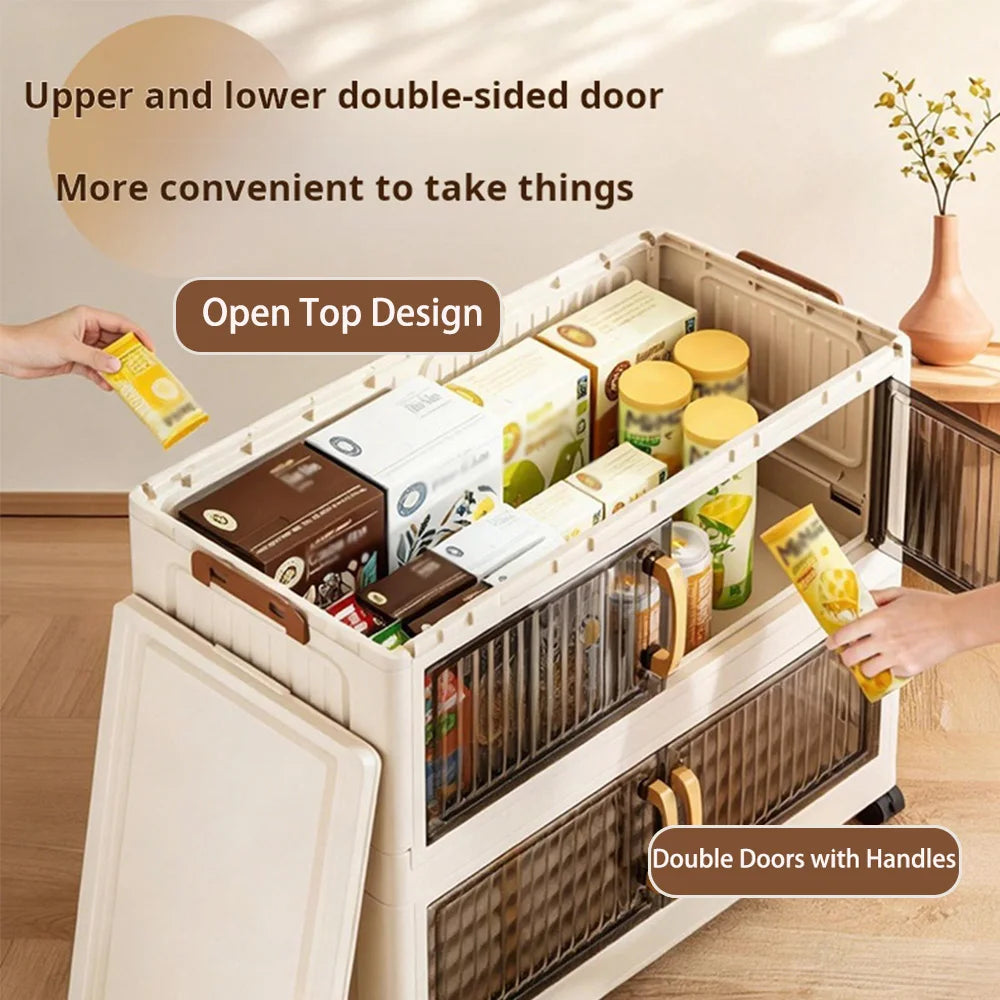 Foldable Plastic Storage Cabinet With Wheels And Transparent Doors
