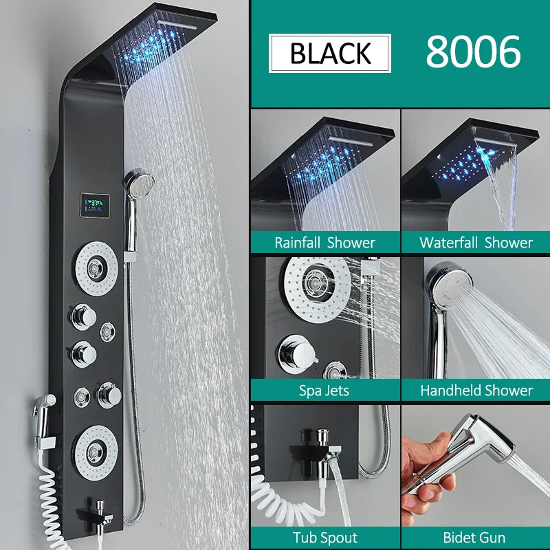 Quyanre Six Function LED Shower Panel With Rainfall Massage Jets