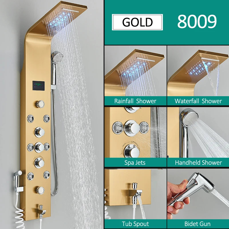 Quyanre Six Function LED Shower Panel With Rainfall Massage Jets