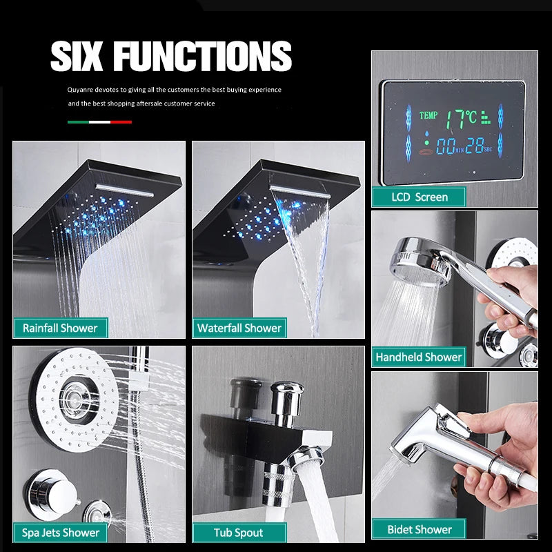 Quyanre Six Function LED Shower Panel With Rainfall Massage Jets