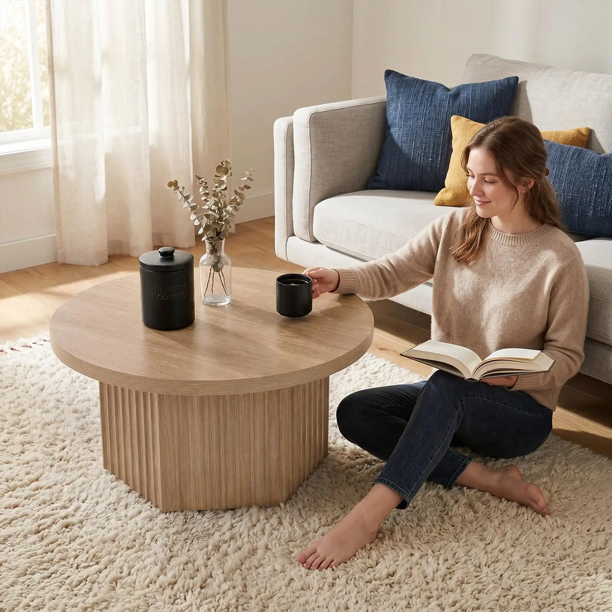 HiMISS Modern Fluted Wood Pedestal Coffee Table for Living Rooms