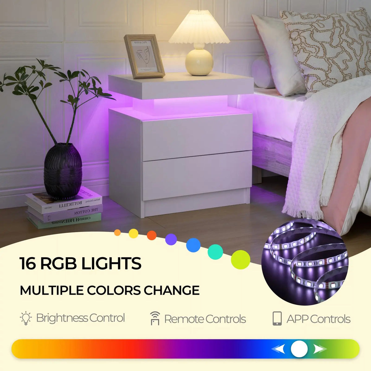 Cubehom LED Nightstand With Two Drawers And RGB Lights
