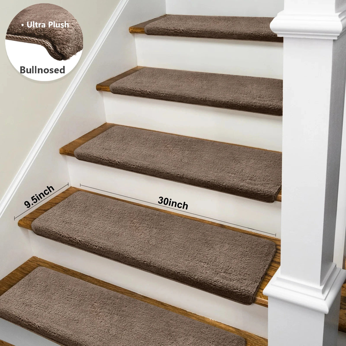 Non-Slip Bullnose Stair Treads With Washable Self-Adhesive Carpet Mats