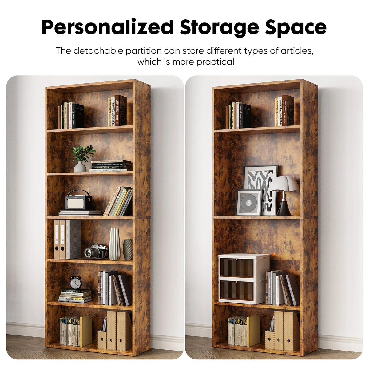 JHK Modern Wooden Bookcase With Six Tier Open Storage Shelves