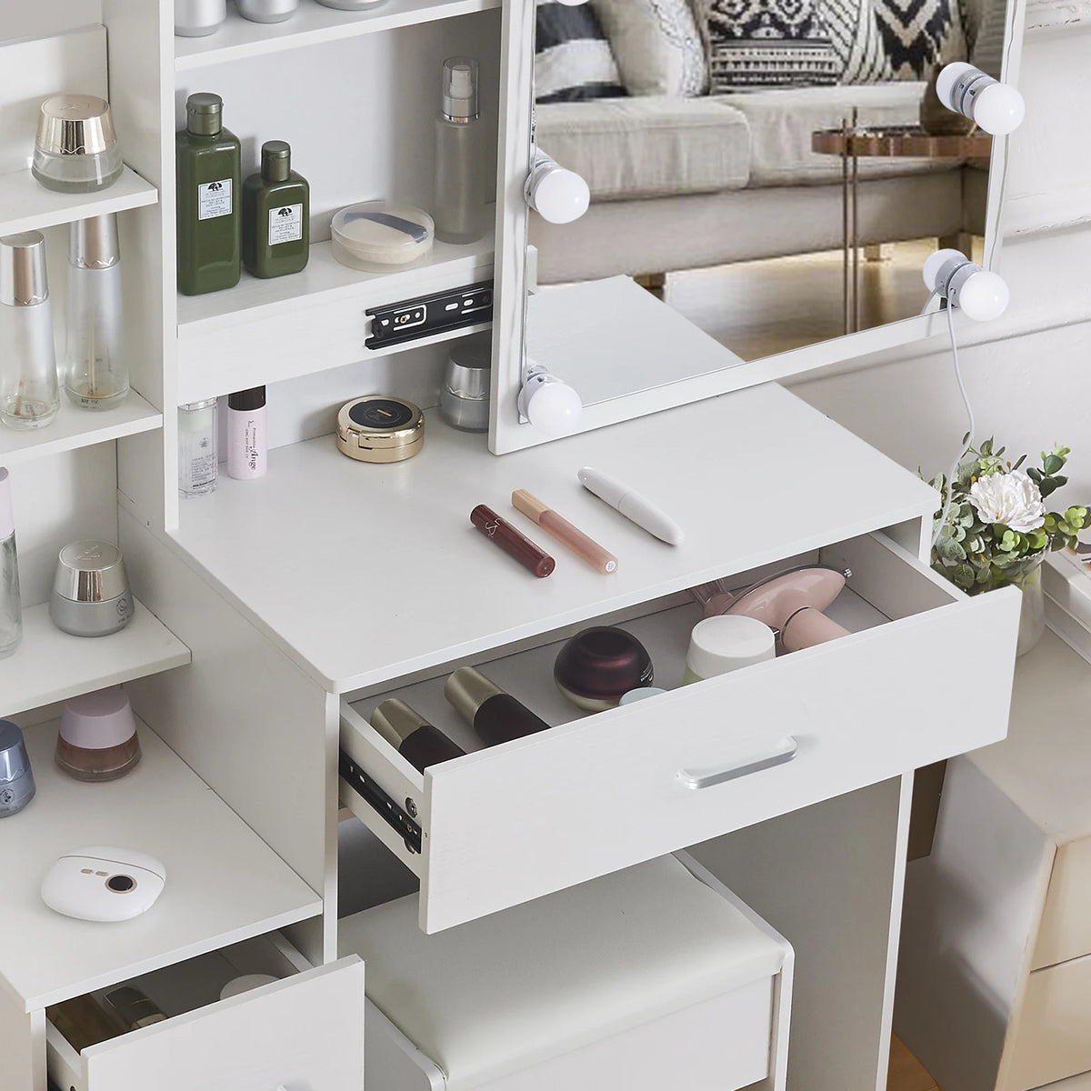 Yamissi LED Vanity Desk With Sliding Mirror And Four Drawers