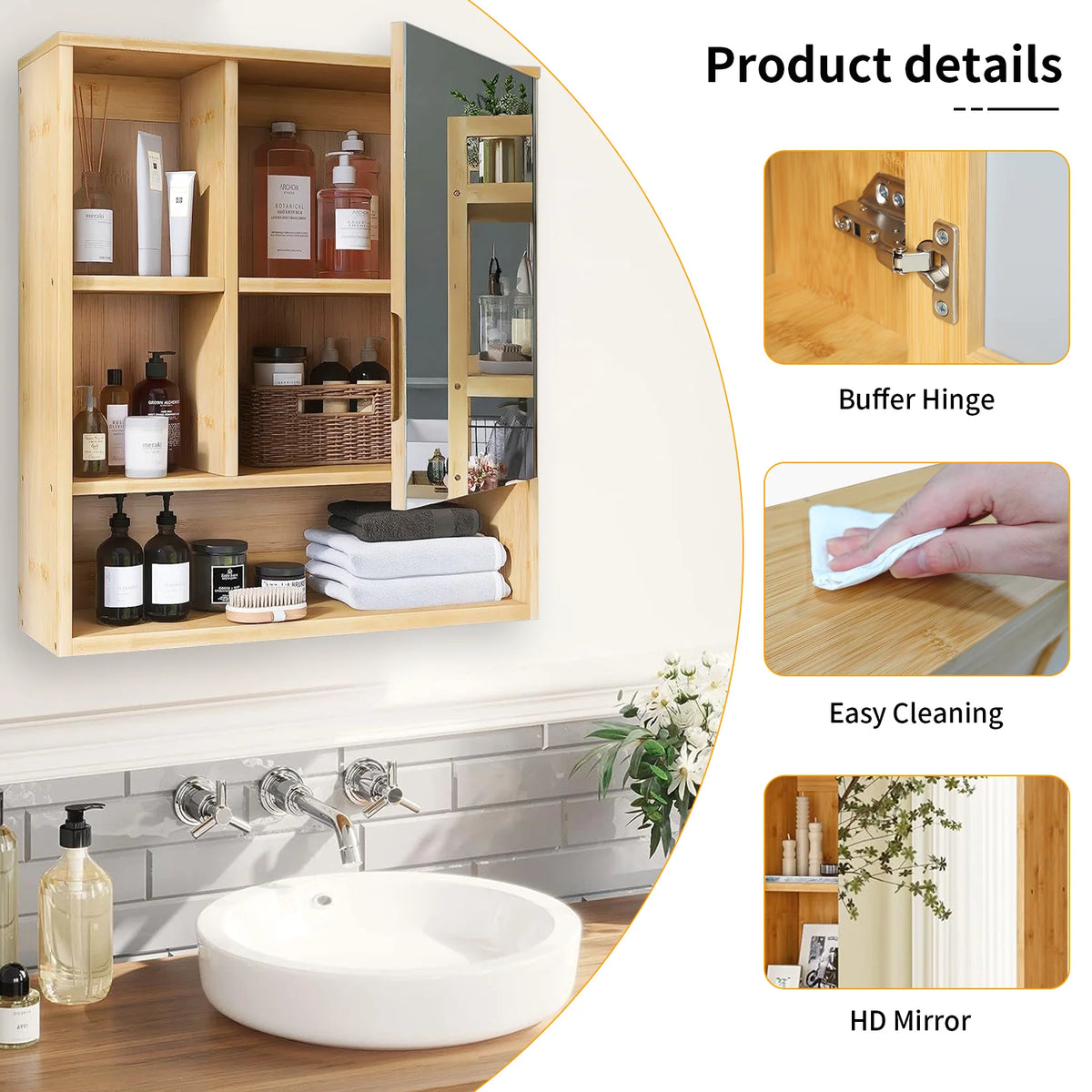 Wisfor Bamboo Bathroom Medicine Cabinet With Mirror And Storage Shelves