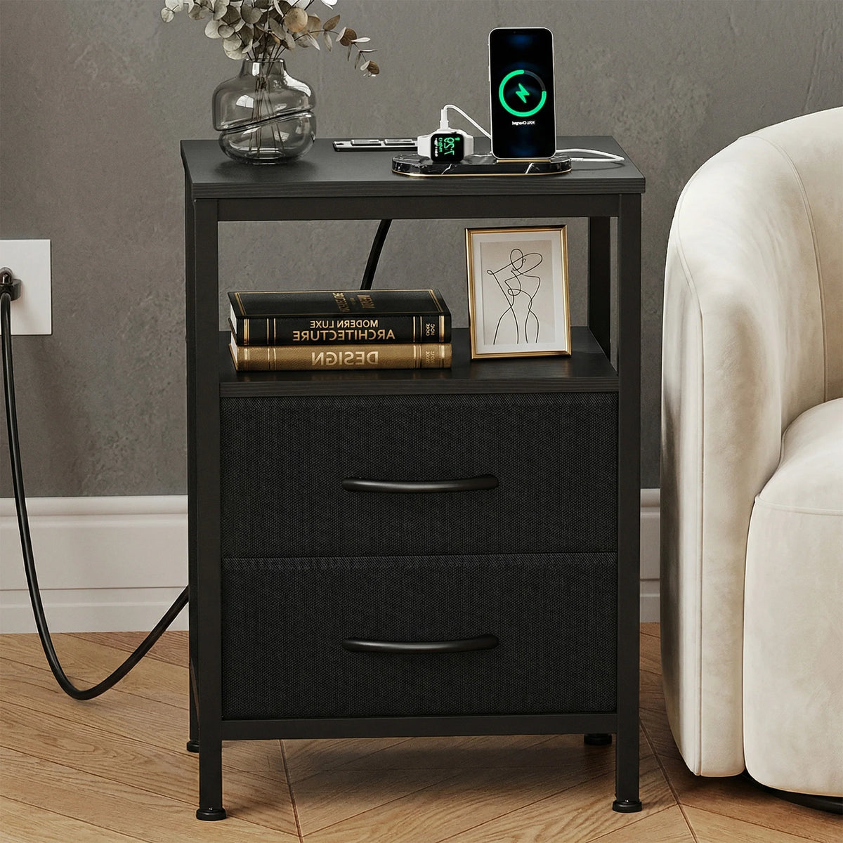 JHK Fabric Nightstand With USB Charging And Open Shelf