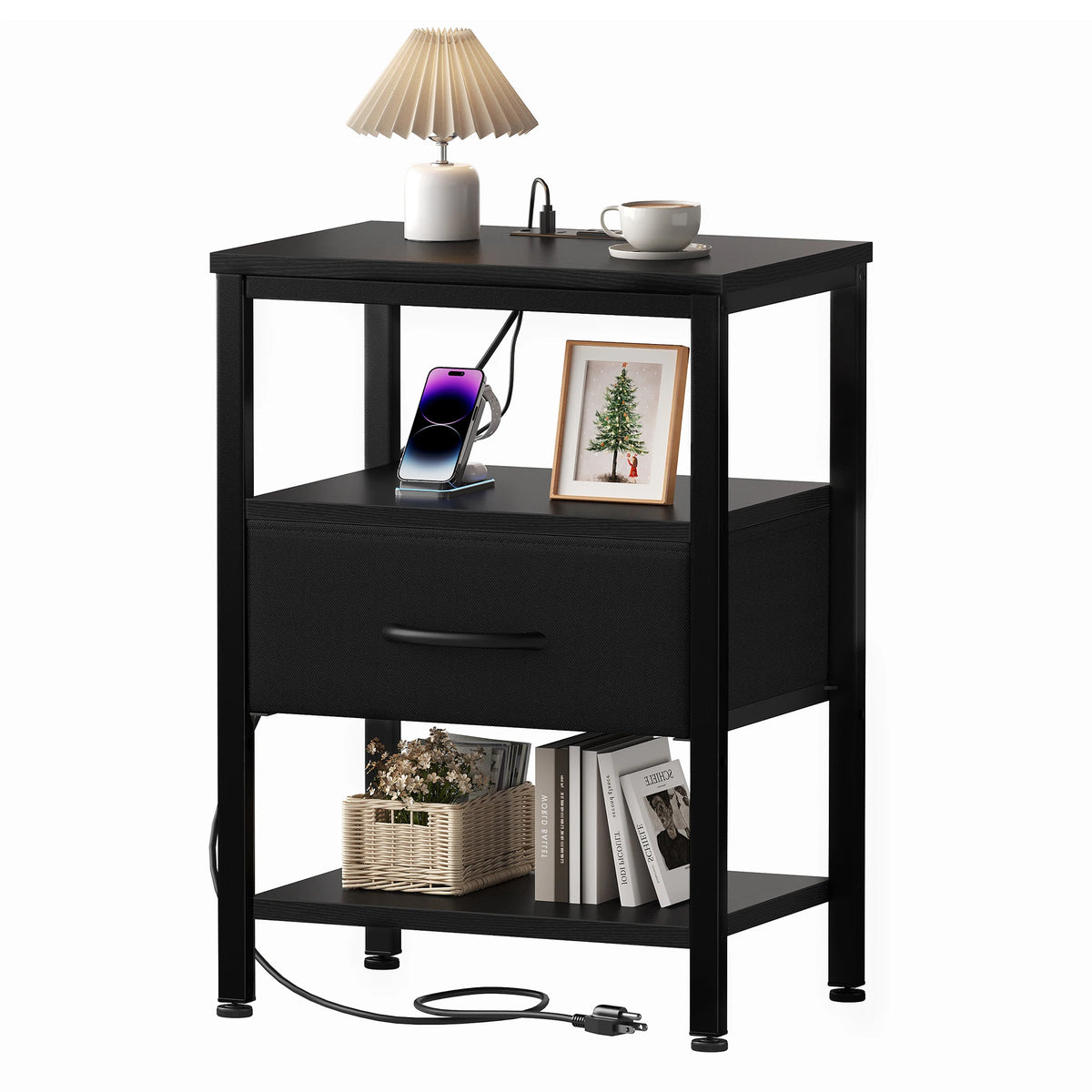 MCQ Nightstand With Fabric Drawer LED Lighting And Charging Station