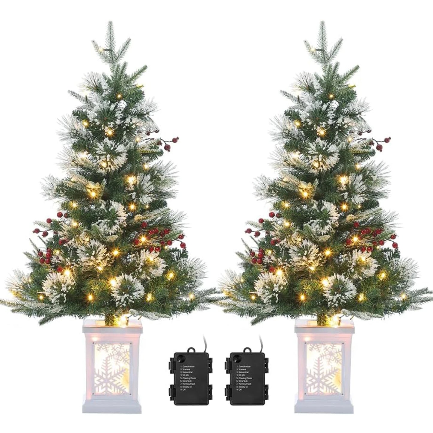 2Pcs Christmas Tree 3 Ft Pre-Lit Artificial Christmas Trees with Potted Base Snow Flocked Small Tree With 78 Lights 8 Modes