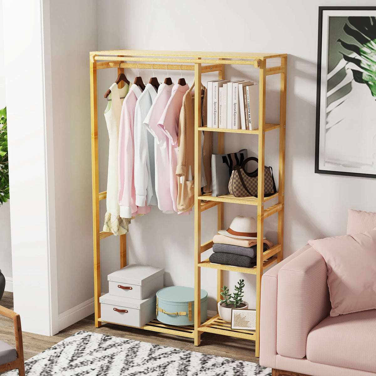 6 Tier Bamboo Garment Rack with Hanging Cover and Storage Shelves