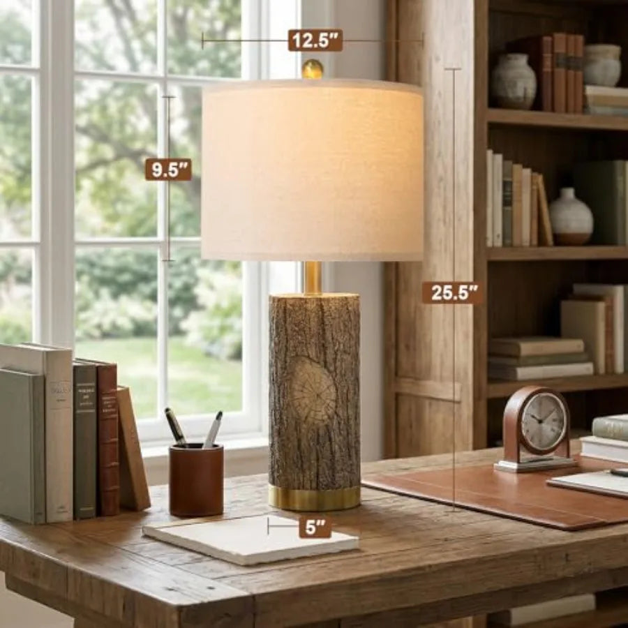 25.5'' Rustic Farmhouse Table Lamps Bark Lamps with Gold Base Bedside Lamps Set of 2 with A+C Charging Ports Retro Nightstand L