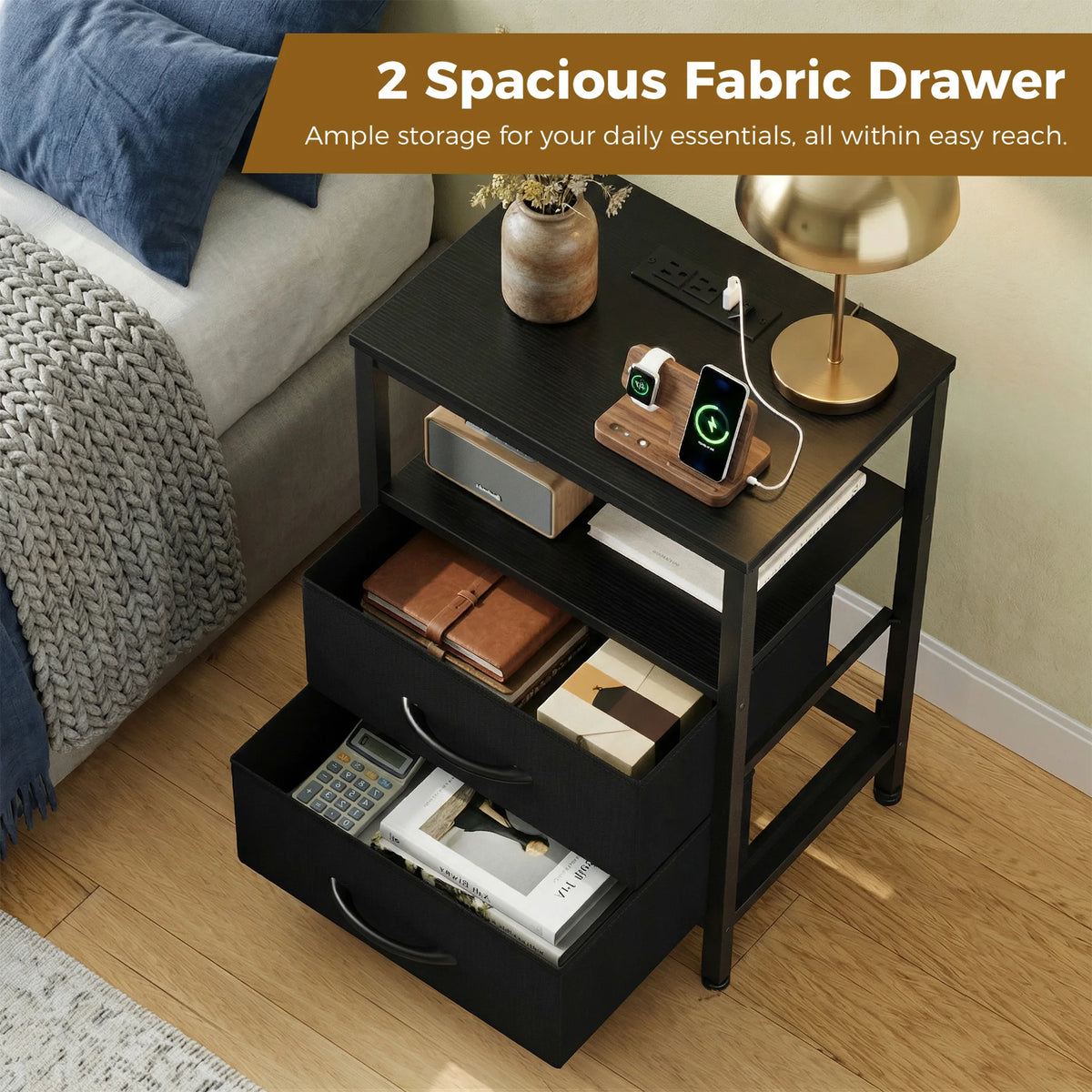 JHK Fabric Nightstand With USB Charging And Open Shelf