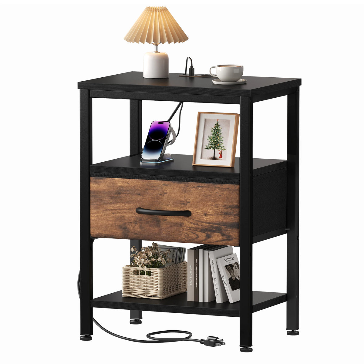 MCQ Nightstand With Fabric Drawer LED Lighting And Charging Station