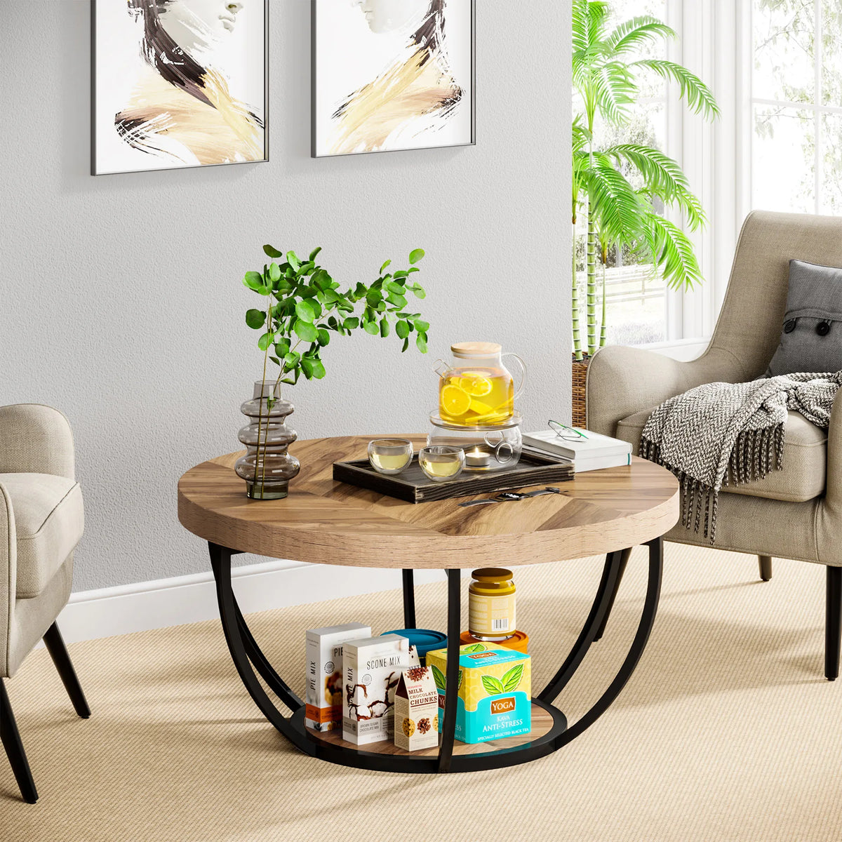 Tribesigns Modern Round Two Tier Coffee Table With Storage Shelves
