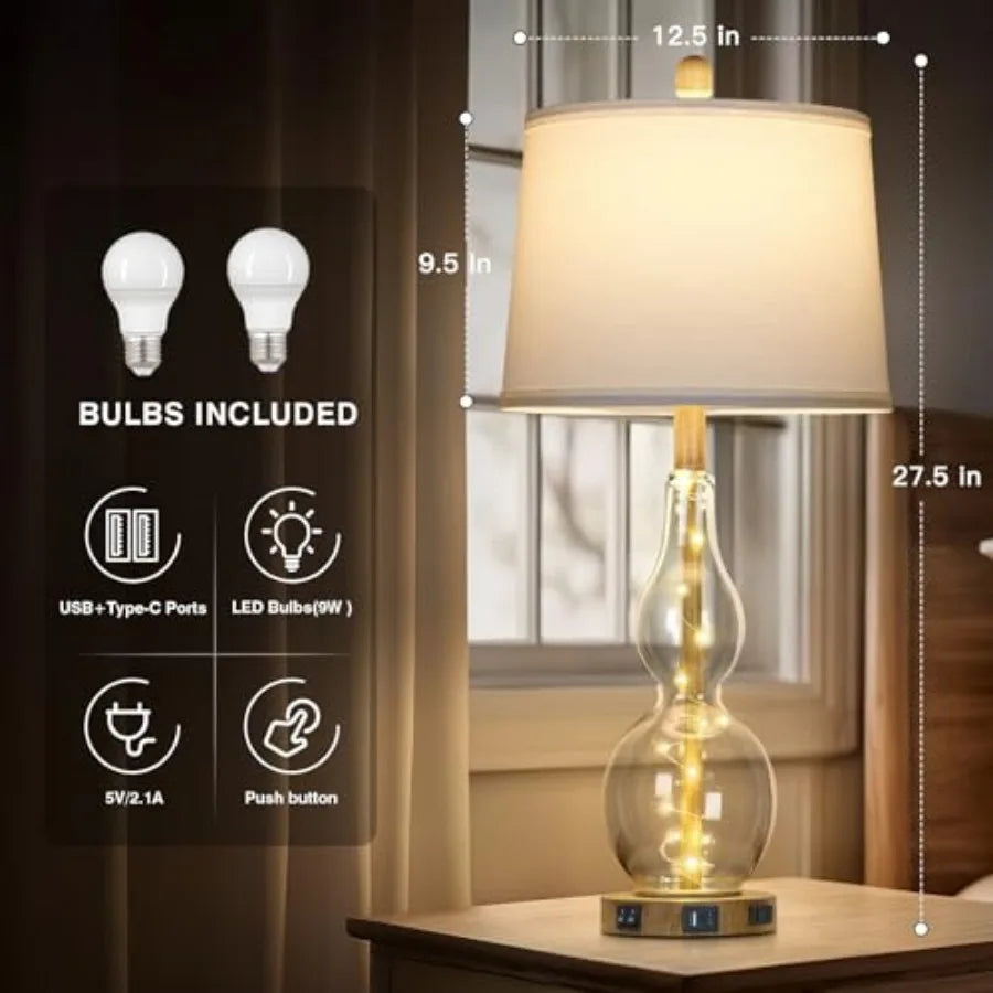 27.5" Glass Table Lamp Set of 2 with Night Light, Bedside Lamps with USB Ports and AC Outlet, Modern Nightstand Lamps Retro Far