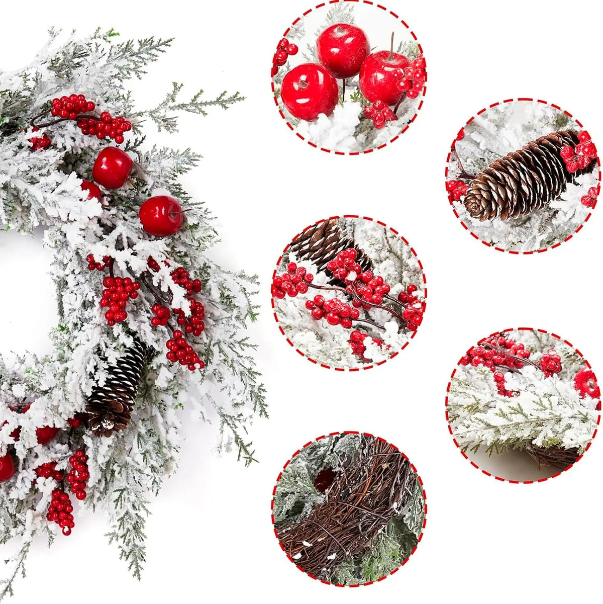 18 Inch Winter Christmas Wreath Snow Flocked Artificial Pine Garland Wreath Red Berries Pinecones Xmas Ornament Window Wall Hanging Decor Christmas Decorations