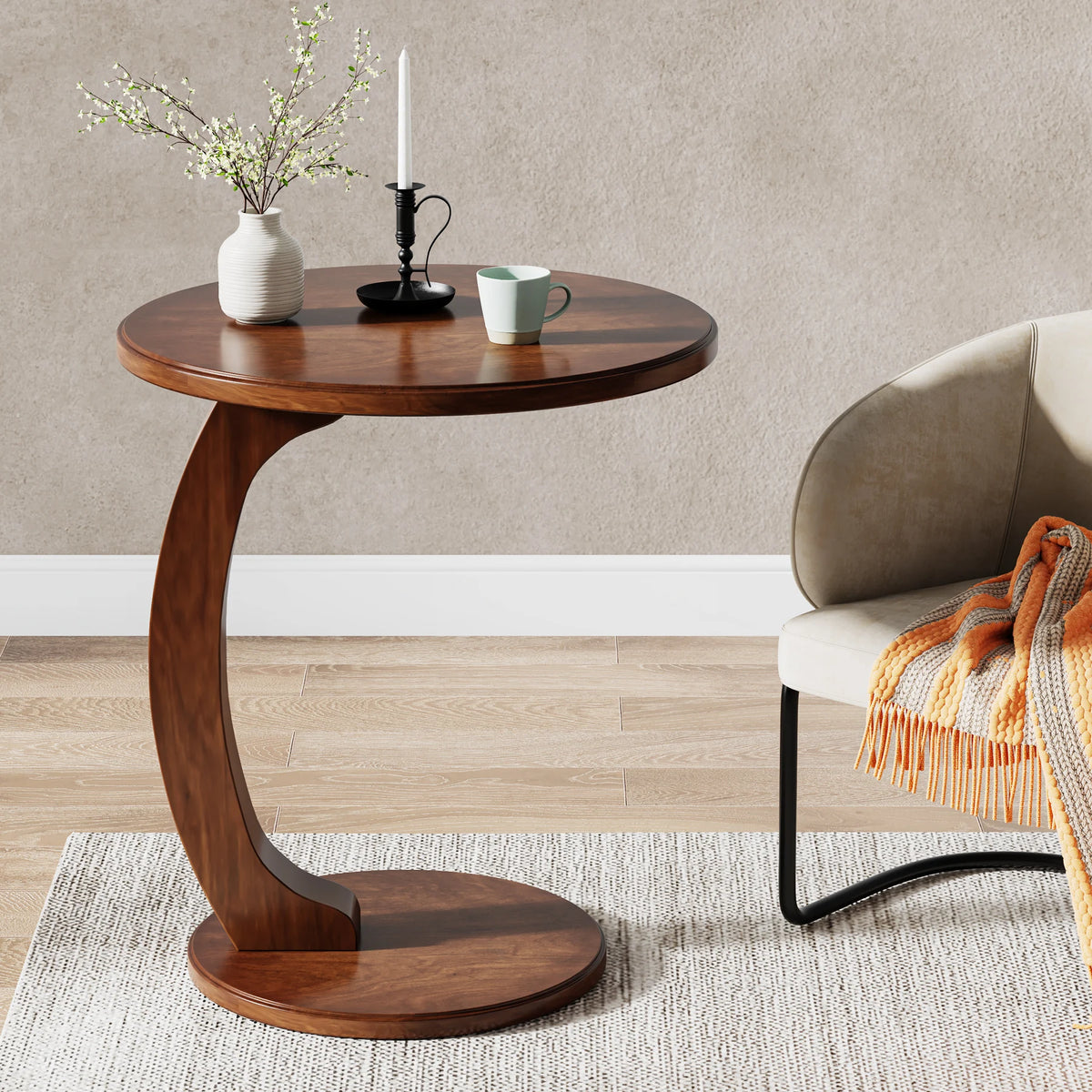Tribesigns Modern Round C Shaped Wood Side Table for Sofa