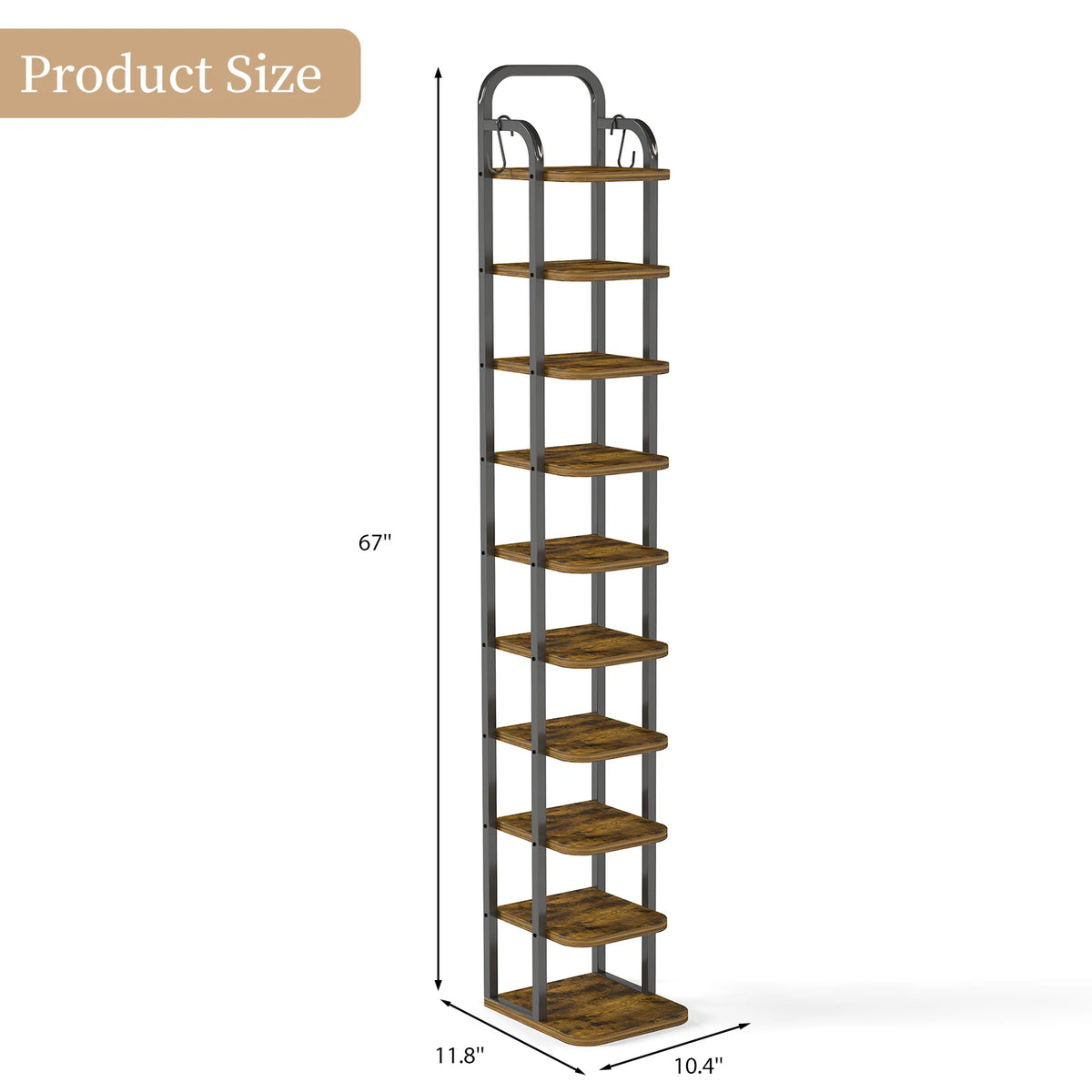 NEW 10 Tiers Vertical Shoe Rack Adjustable Shoe Shelf Storage Organizer Corner Shoe Rack 2 Hooks for Entryway Hallway Bedroom