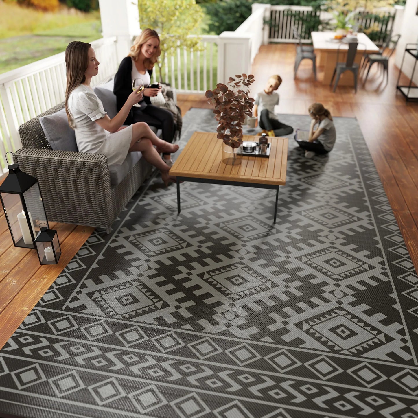 Outdoor Rug, 9' x 18' Floor Mat, Black Gray Rhombus Border