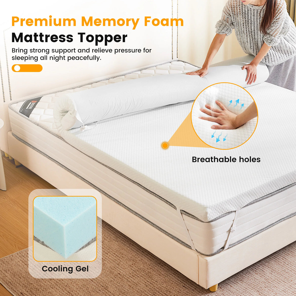 JHK Gel Memory Foam Mattress Topper With Cooling Cover