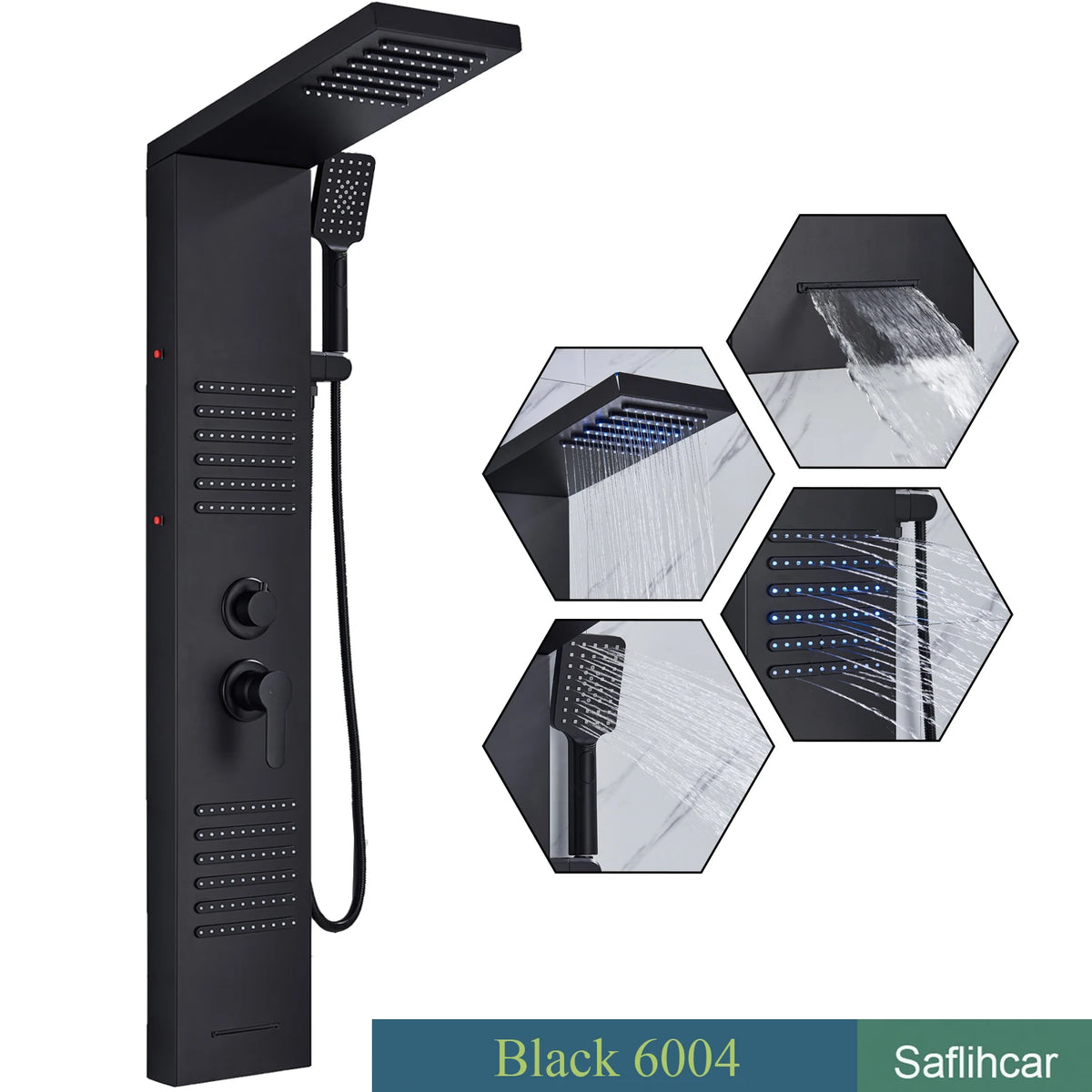 Black Shower Column LED Rainfall Bathroom Faucet with Massage Jet Shower Panel System 5 Modes Waterfall Hot and Cold Mixer Tap