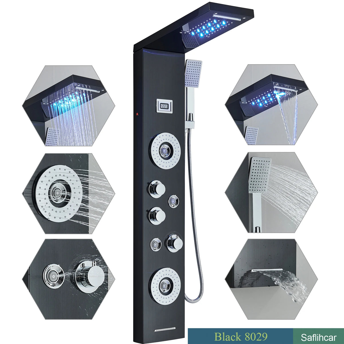Black Shower Column LED Rainfall Bathroom Faucet with Massage Jet Shower Panel System 5 Modes Waterfall Hot and Cold Mixer Tap