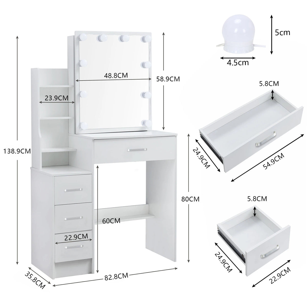 Yamissi LED Vanity Desk With Sliding Mirror And Four Drawers