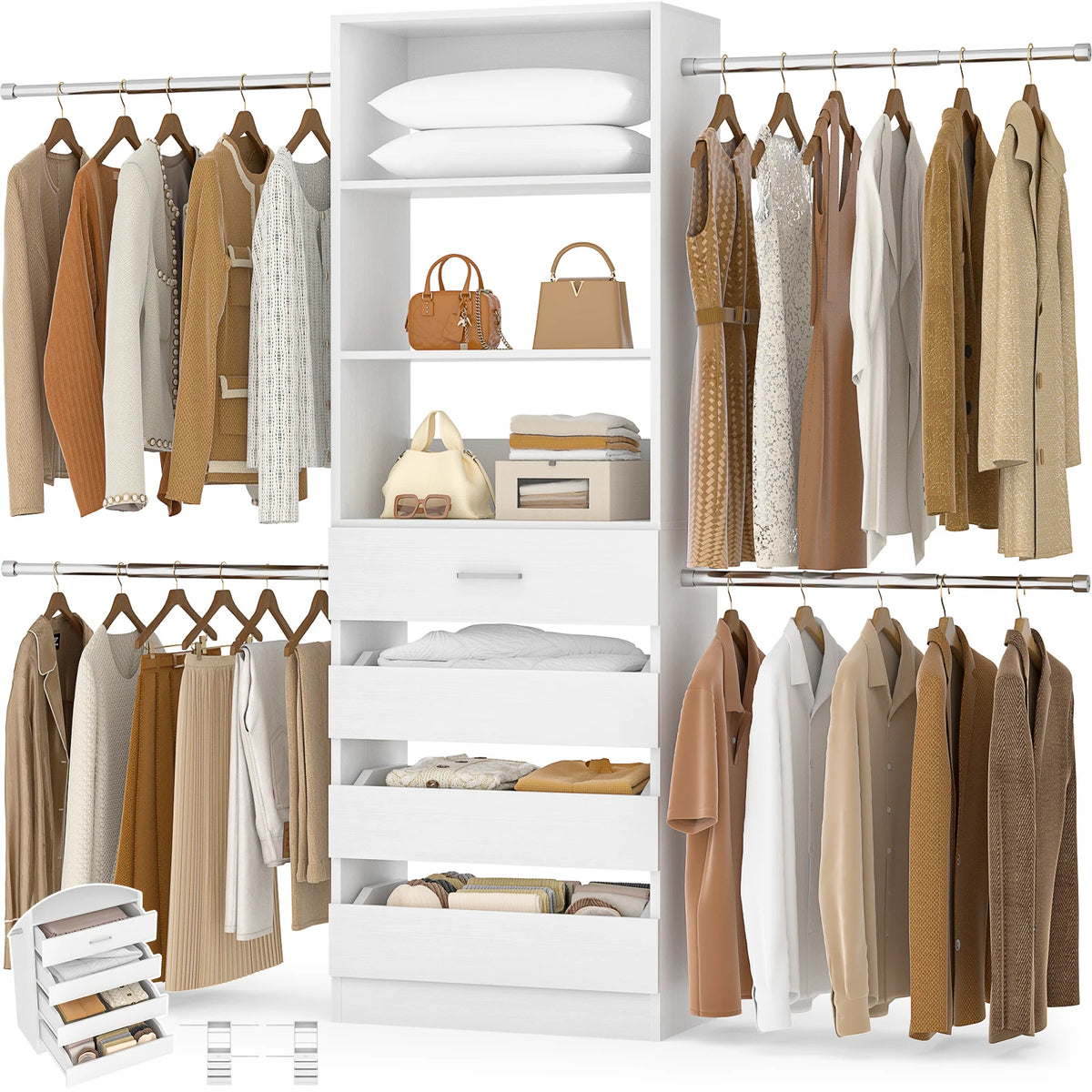 Aheaplus Wooden Closet System With Four Drawers Four Hanging Rods