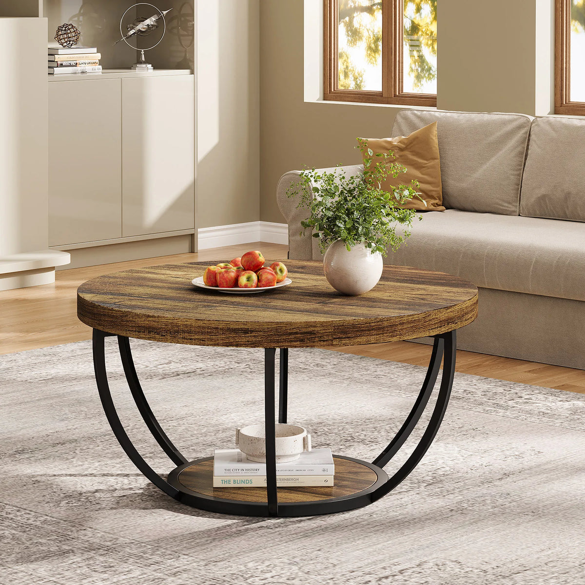 Tribesigns Modern Round Two Tier Coffee Table With Storage Shelves