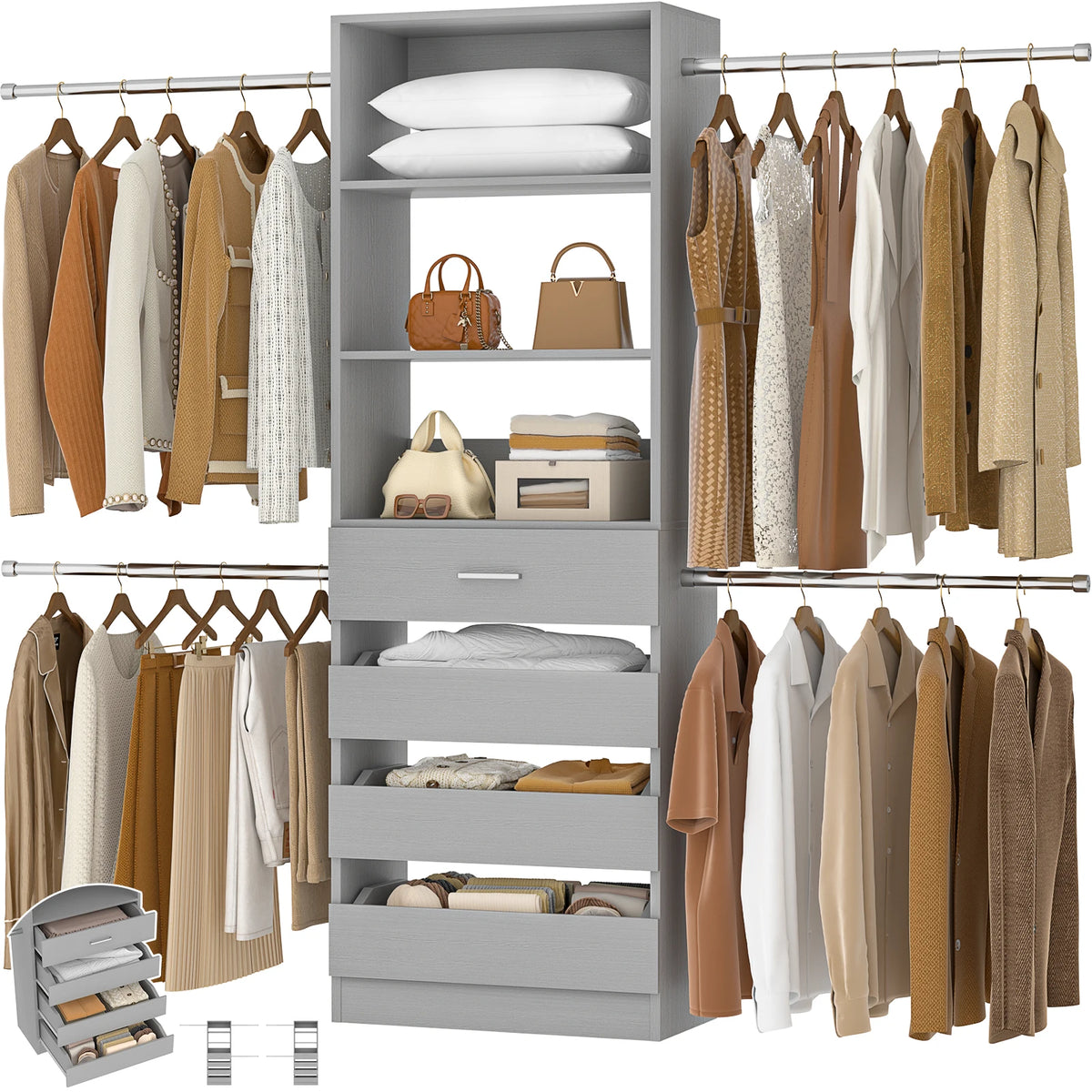 Aheaplus Wooden Closet System With Four Drawers Four Hanging Rods