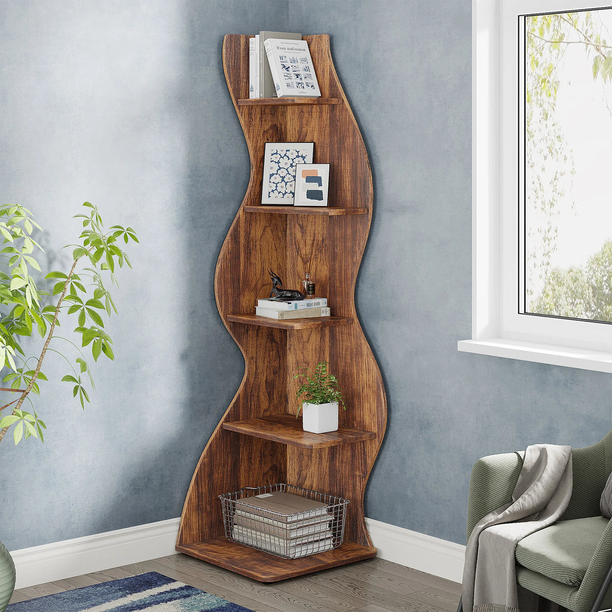 Tribesigns Rustic Corner Bookshelf Storage Rack And Plant Stand