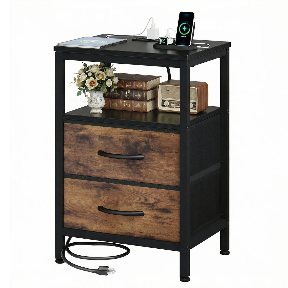 JHK Fabric Nightstand With USB Charging And Open Shelf