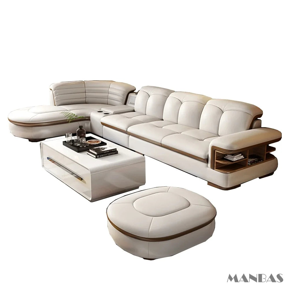 Luxury L-Shaped Genuine Leather Sectional Sofa Sets with USB, Bluetooth Speaker - Linlamlim Living Room Italian Leather Couches