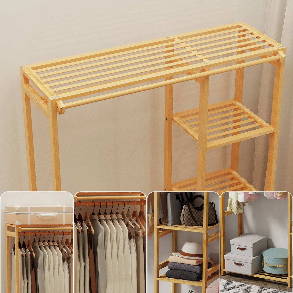 6 Tier Bamboo Garment Rack with Hanging Cover and Storage Shelves