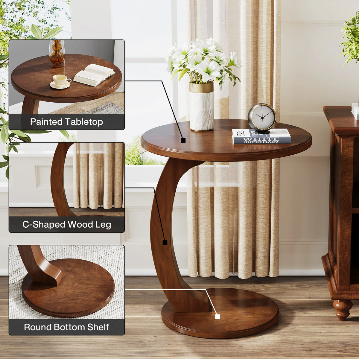 Tribesigns Modern Round C Shaped Wood Side Table for Sofa