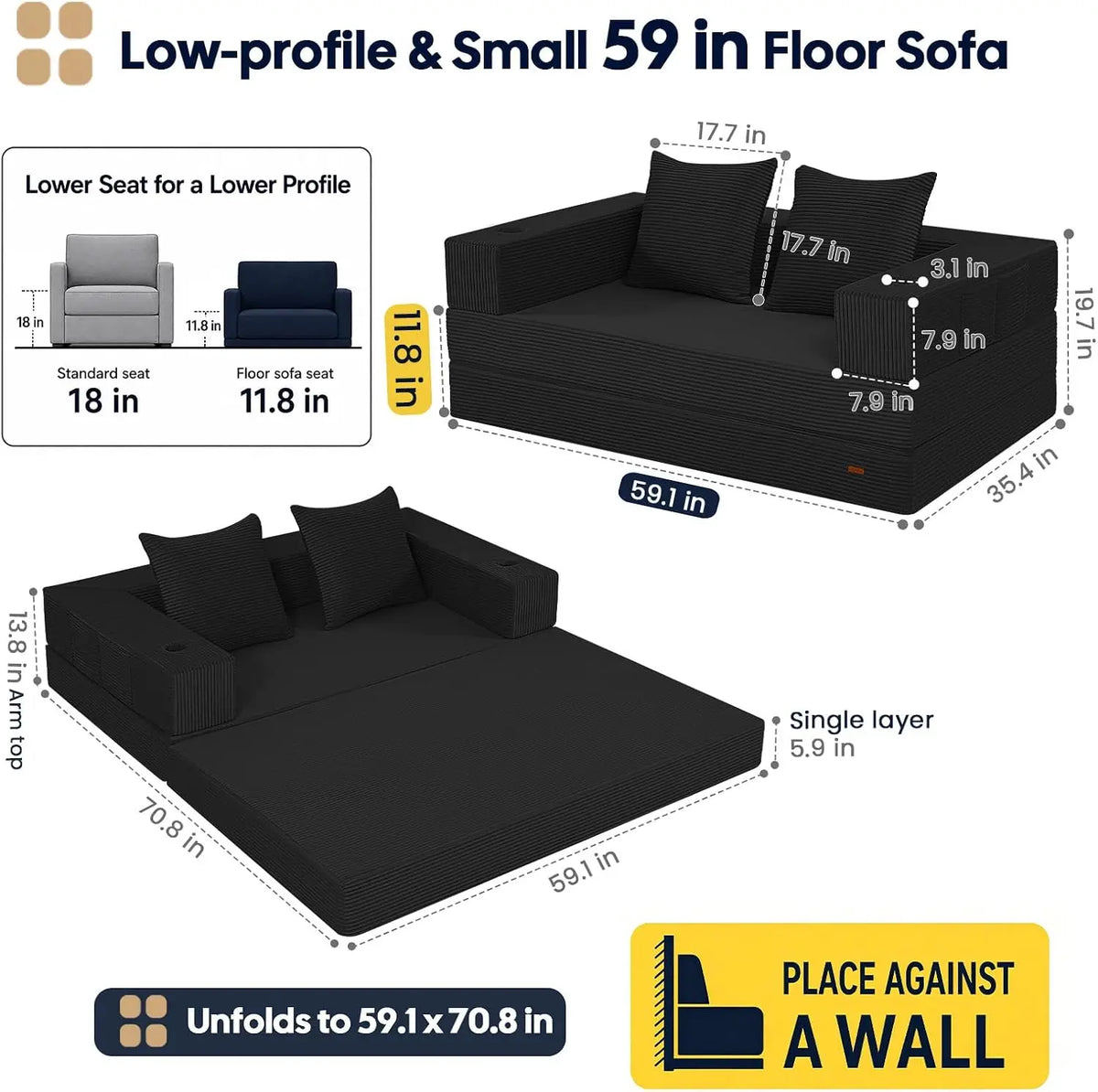Novilla Low Profile Floor Sofa Bed Boneless Futon Couch