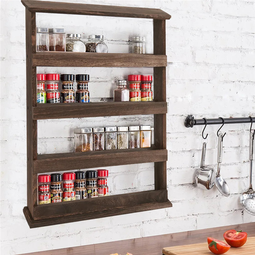 Rustic Torched Wood Wall Mounted 4-Tier Spice Rack Hanging Spice Shelf Storage Jars Stand Organizer