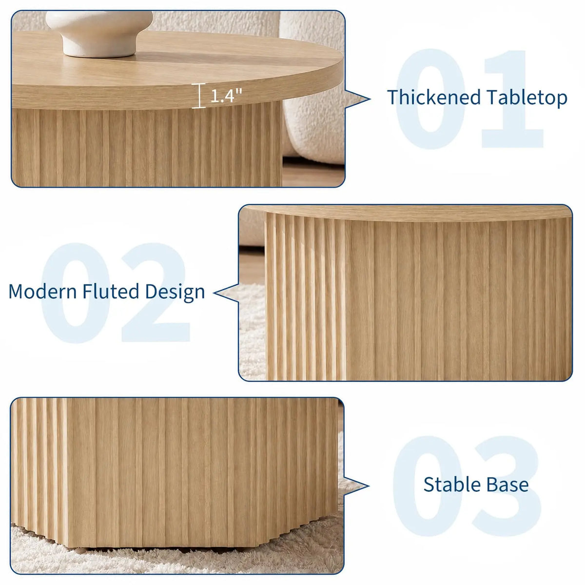 HiMISS Modern Fluted Wood Pedestal Coffee Table for Living Rooms