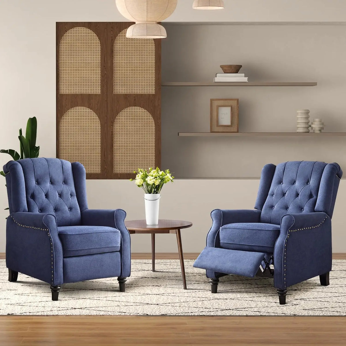 EBELLO Mid Century Wingback Push Back Recliner With Rivet Detail