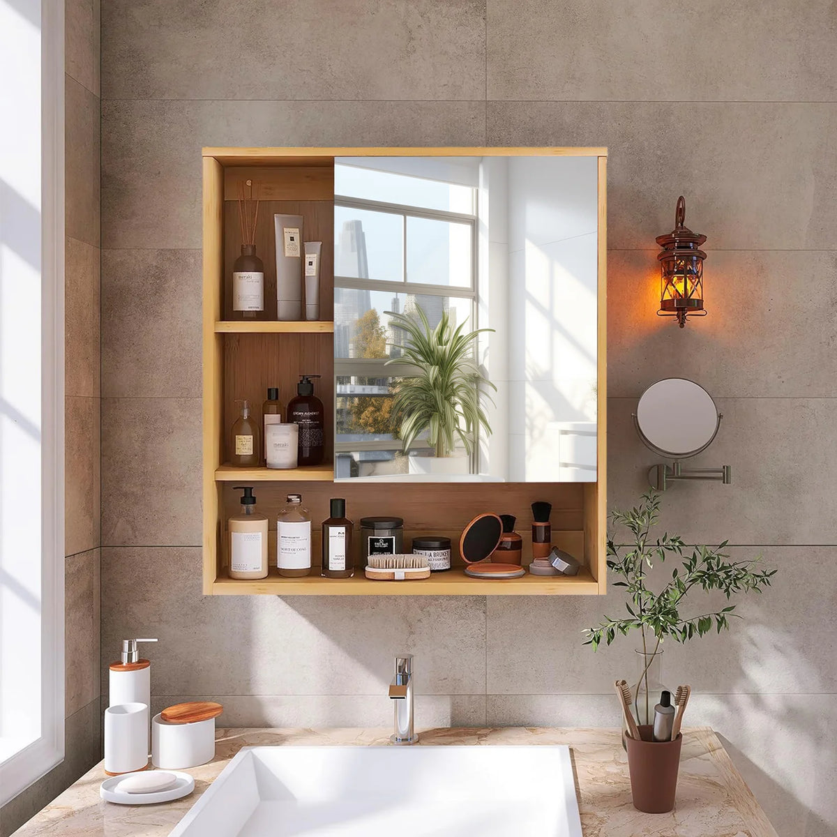 Wisfor Bamboo Bathroom Medicine Cabinet With Mirror And Storage Shelves