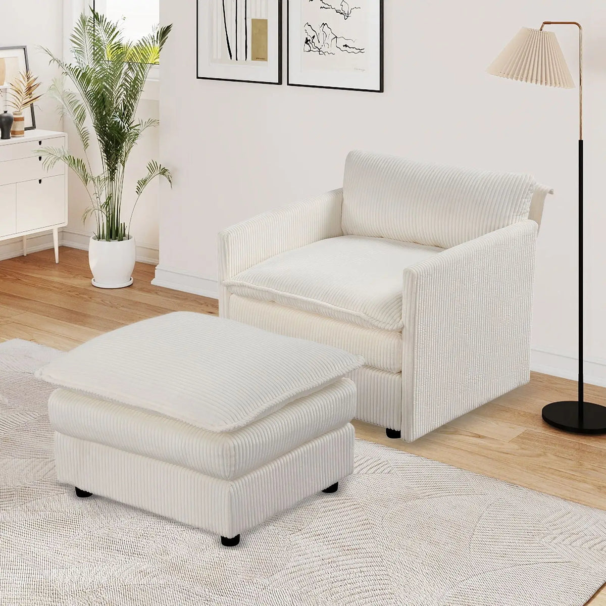 Oversized Accent Chair And Ottoman With Soft Corduroy Cushions