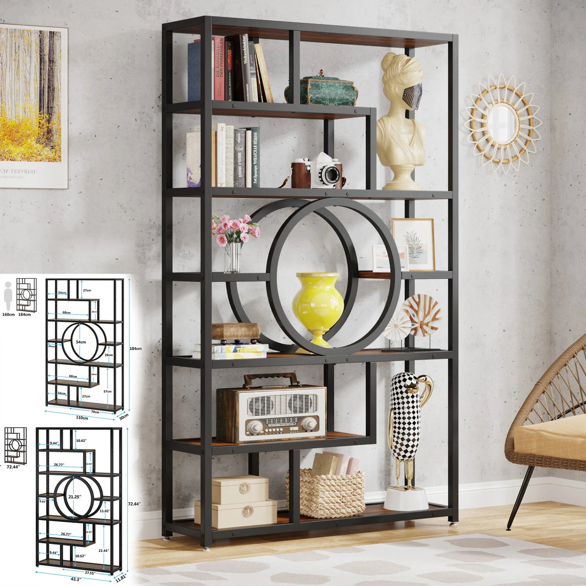 Tribesigns Bookshelf Industrial 5 Tier Etagere Bookcase, Freestanding Tall Bookshelves Display Shelf Storage Organizer