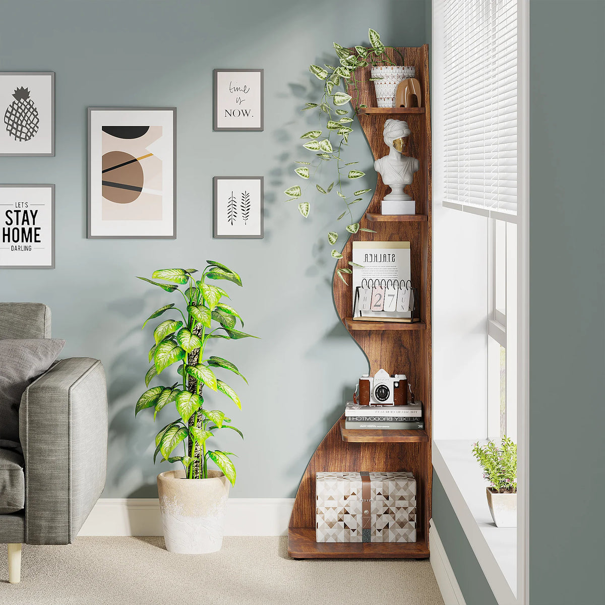 Tribesigns Rustic Corner Bookshelf Storage Rack And Plant Stand