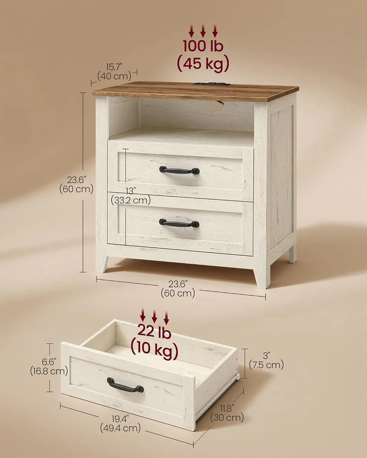 Novilla Farmhouse Nightstand Set With Charging Station And Two Drawers