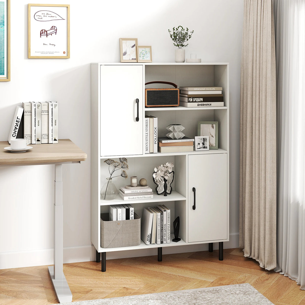 HOMASIS Kitchen Storage Cabinet With Doors And Open Shelves
