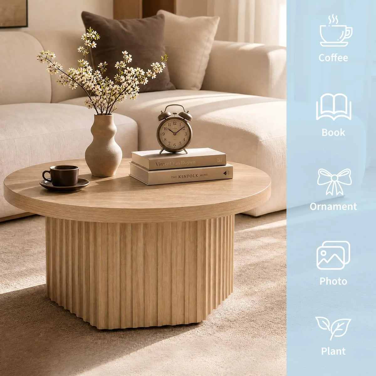 HiMISS Modern Fluted Wood Pedestal Coffee Table for Living Rooms