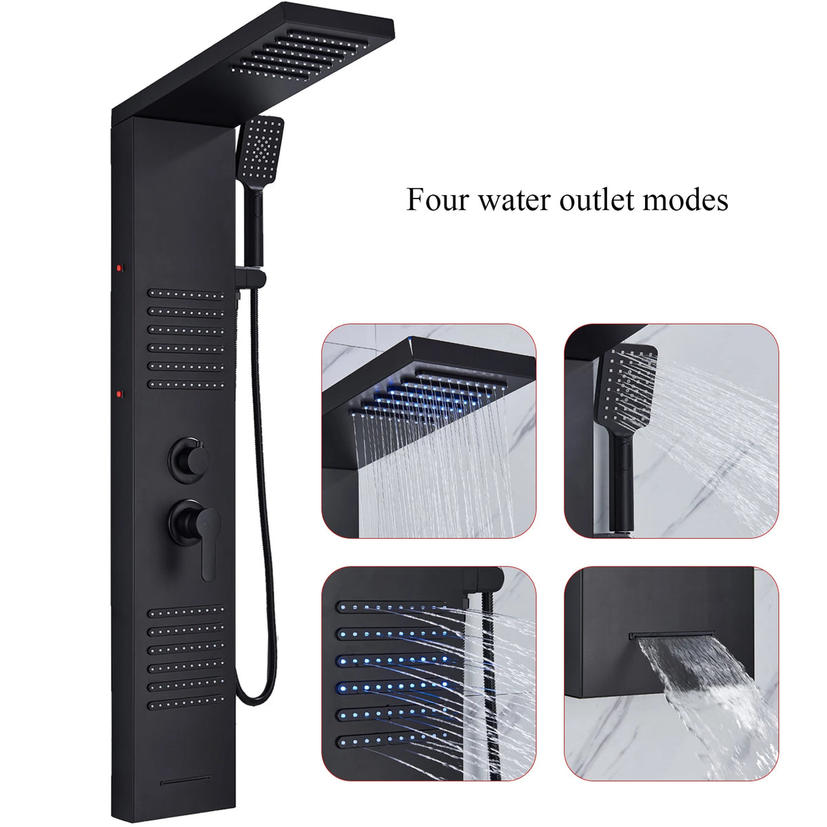 Black Shower Column LED Rainfall Bathroom Faucet with Massage Jet Shower Panel System 5 Modes Waterfall Hot and Cold Mixer Tap