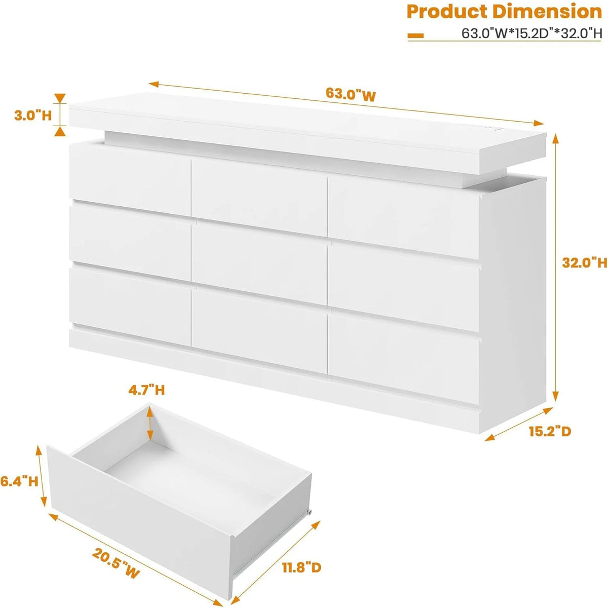 Acekool 9 Drawer Dresser With LED Lights And Charging Station