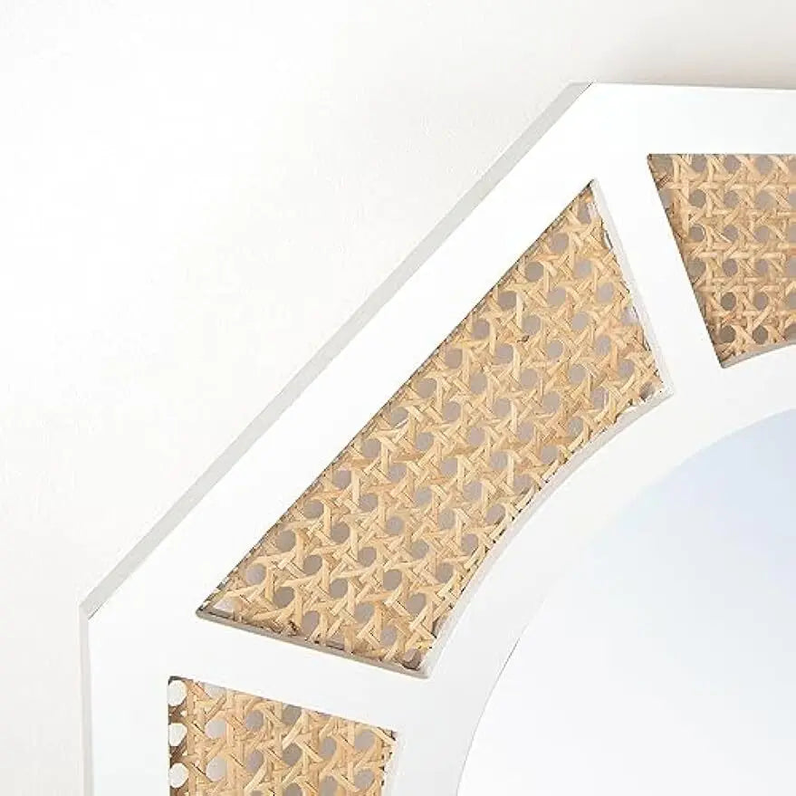 SHYFOY 24" Natural Woven Rattan Wall Mirror, White Frame Boho Wall Decor Mirror