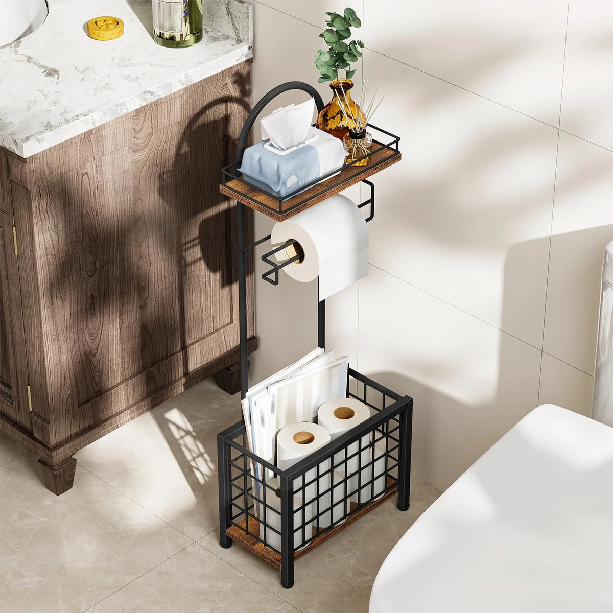 Freestanding 3-Tier Bathroom Toilet Paper Holder with Shelf and Basket